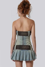 Blue distressed denim kilt mini dress with corset detailing and detachable belt - View 8 | WEUXS