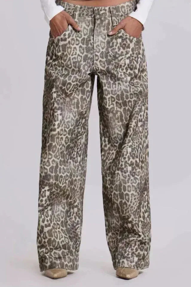 Front view of leopard print wide leg jeans with pockets.