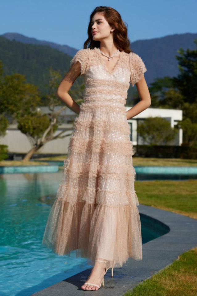 Sequin Layered Ruffle Tulle Maxi Dress | Dress In Beauty
