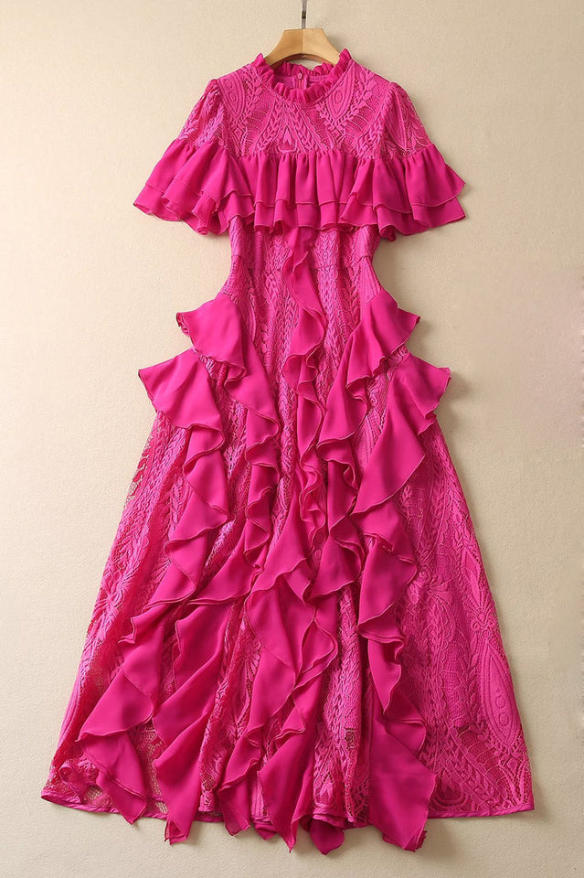 Oriana Pink Solid Lace Frill Midi Dress | Dress In Beauty