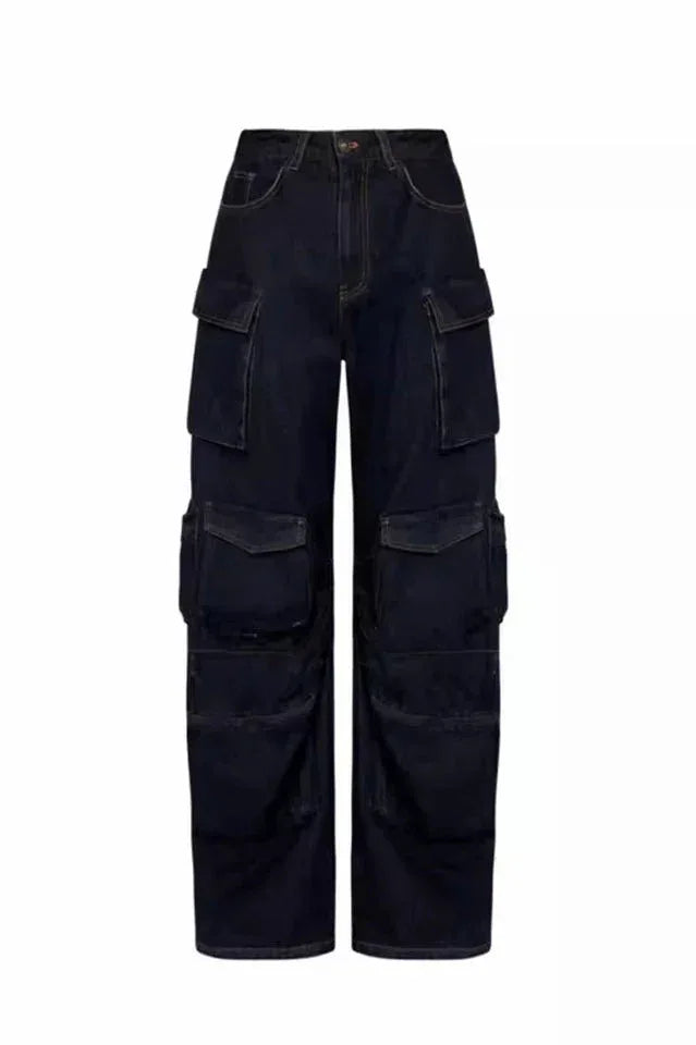 front view of dark wash wide-leg cargo pants with multiple pockets