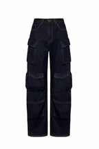 front view of dark wash wide-leg cargo pants with multiple pockets