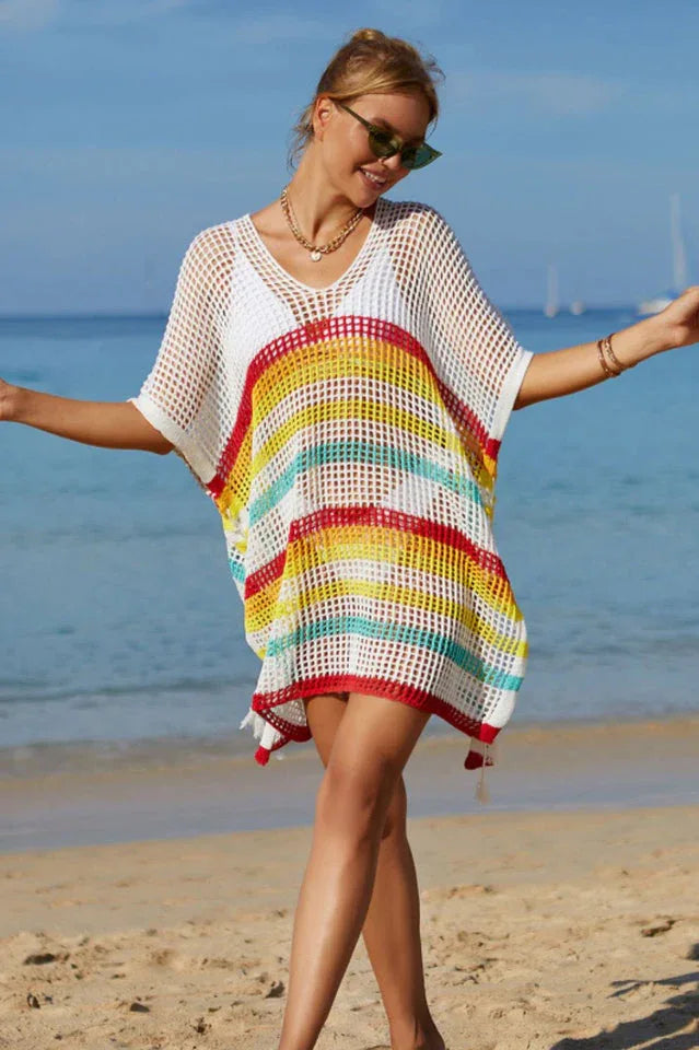 Rainbow Stripe Openwork Slit Cover Up - View 12 | WEUXS