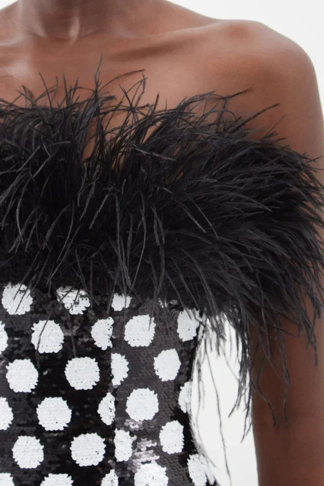 Feather Trim Polka Dot Sequin Dress - WEUXS