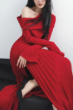 Pleated Patchwork Slit Red Dress - WEUXS