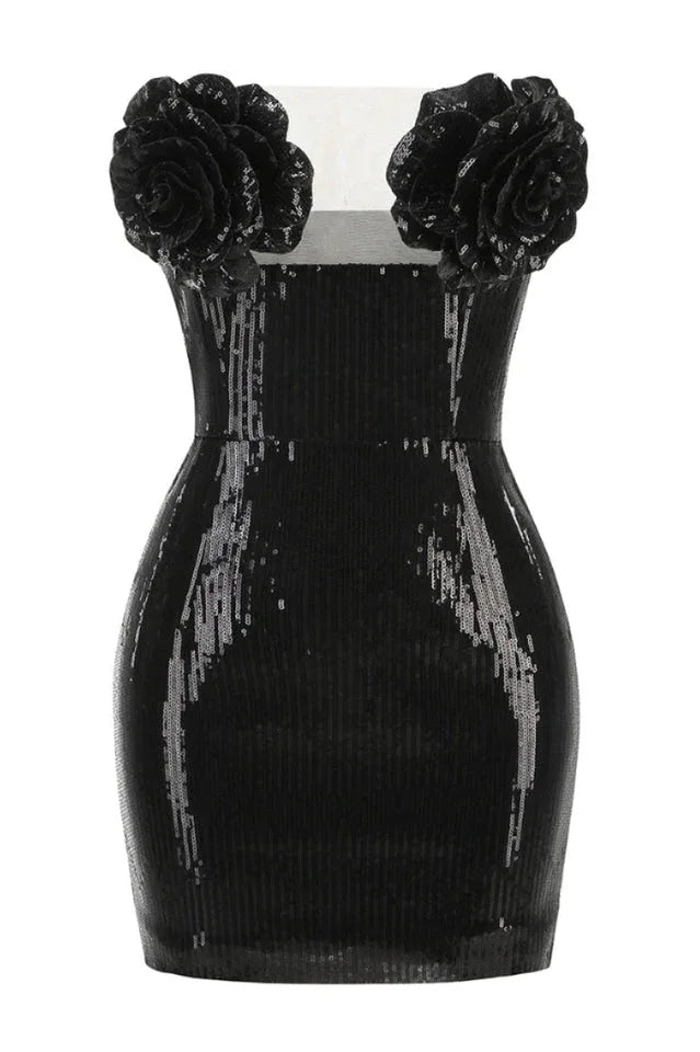 Strapless Sequin Mini Dress with Floral Appliques - View 6 | WEUXS
