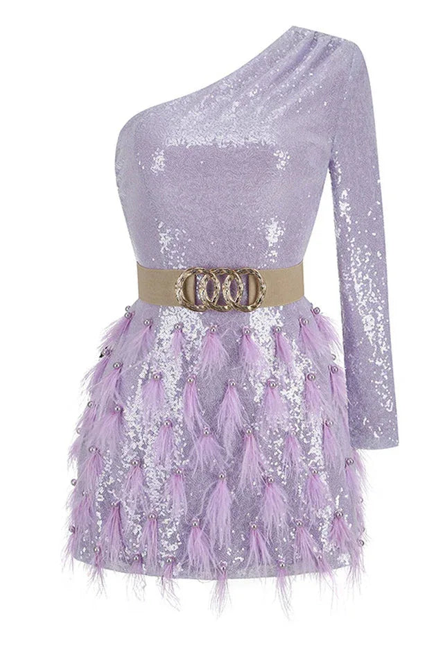 Daria One Shoulder Sequin Feather Dress - View 13 | WEUXS