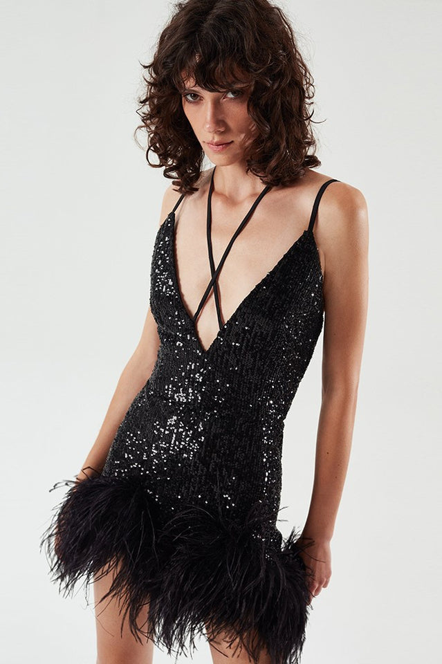 Mini Sequin Dress With Feather Trim | Dress In Beauty