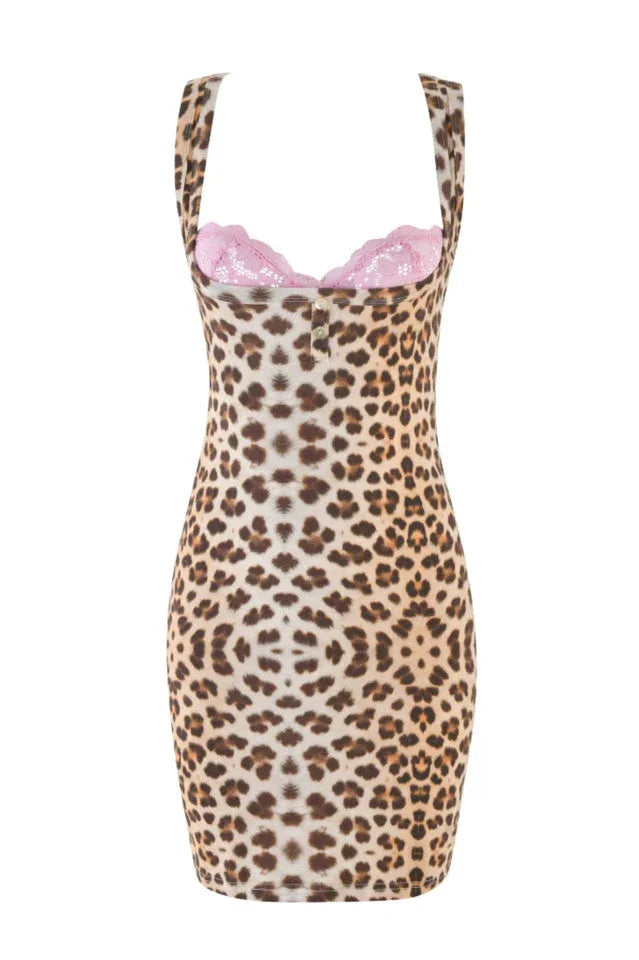Fitted mini dress with leopard print and lace trim - View 6 | WEUXS