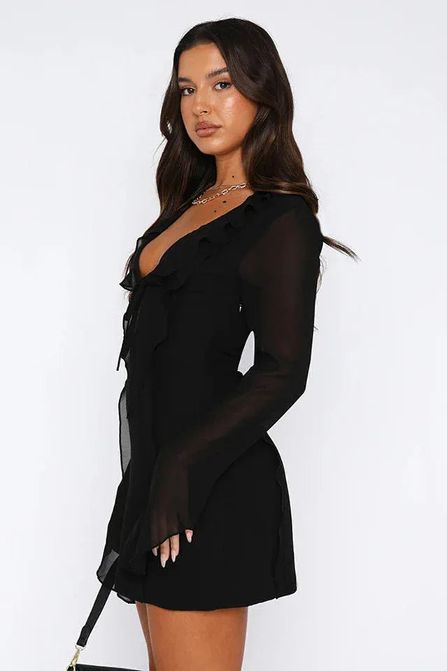 Mesh mini dress with bell sleeves and tie front - View 10 | WEUXS