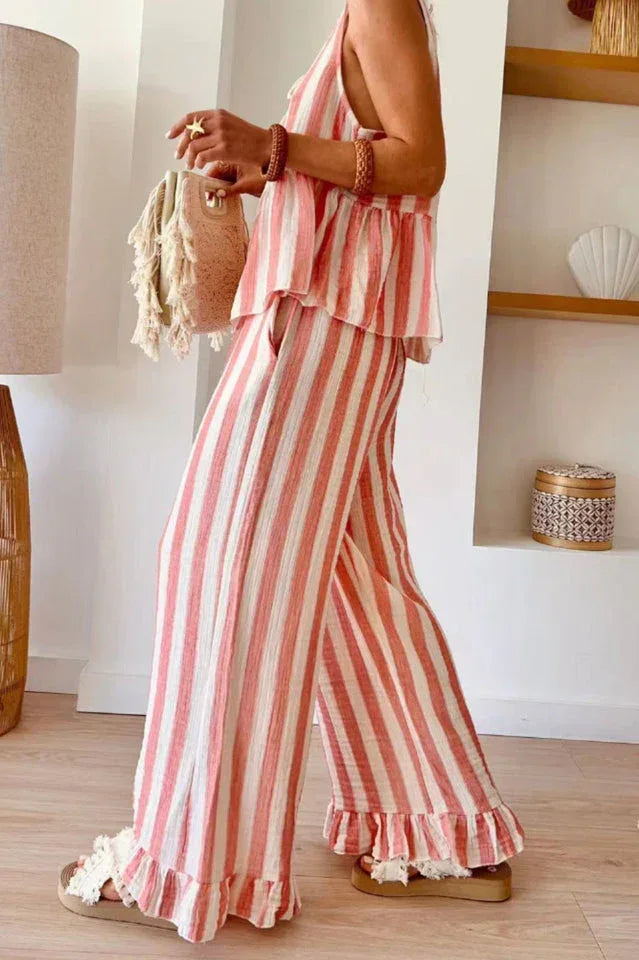Women's striped linen blend wide leg set - View 6 | WEUXS