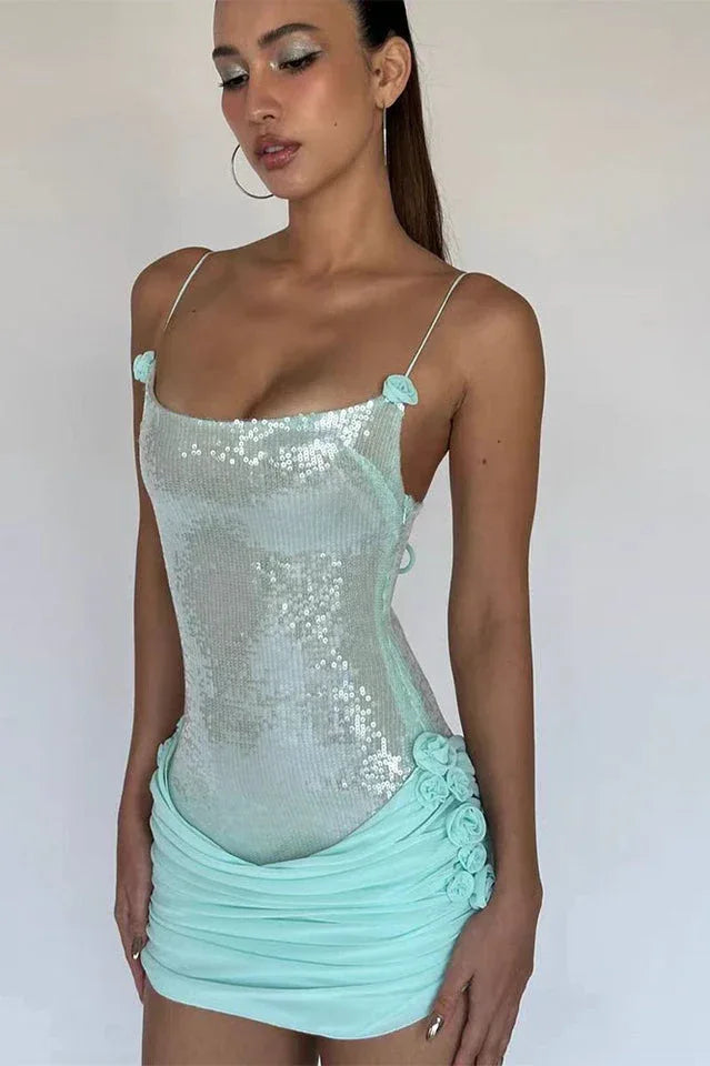 Sequin Floral Draped Corset Dress - WEUXS