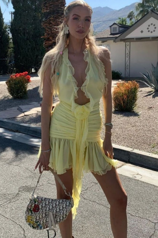 Rose Detailed Halterneck Mini Dress | Dress In Beauty