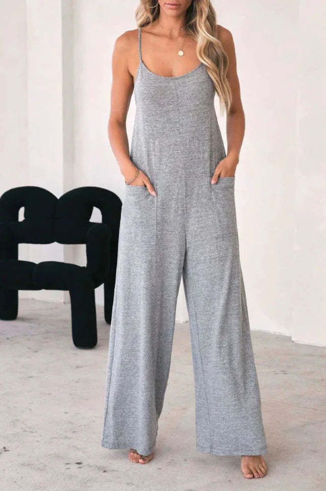 Grey jersey knit wide leg jumpsuit with spaghetti straps and side pockets - View 6 | WEUXS
