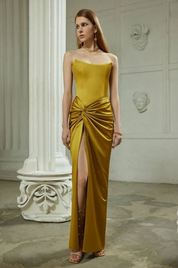 Mustard Draped Satin Corset Maxi Dress | Dress In Beauty