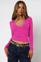 Women's Long Sleeve V-Neck Top with Lace Trim - View 6 | WEUXS