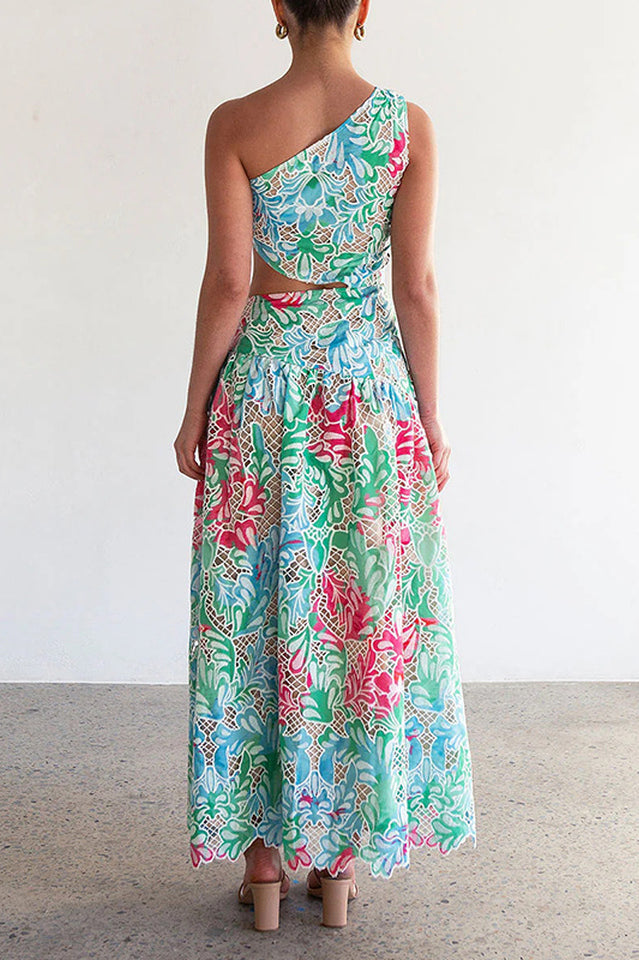 Botanical Print One Shoulder Frill Midi Dress | Dress In Beauty