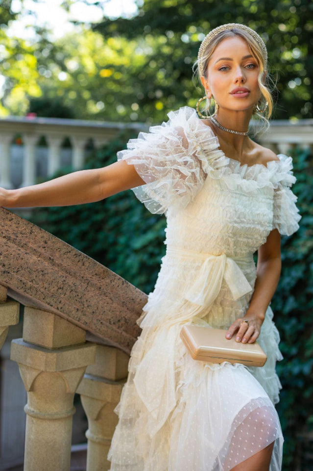 Off Shoulder Dotted Tulle Maxi Dress | Dress In Beauty