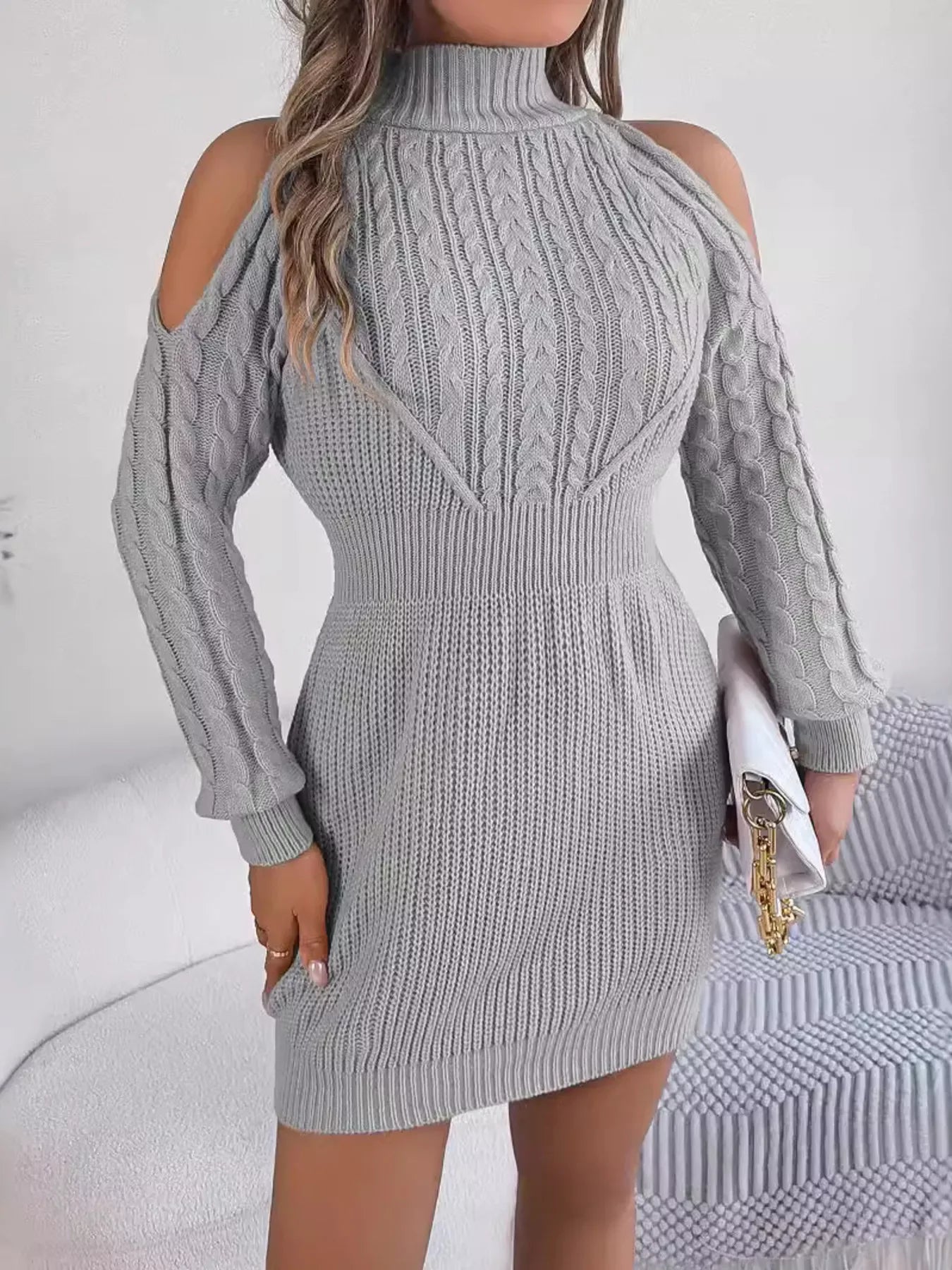 Cold Shoulder Cable Knit Sweater Dress - View 15 | WEUXS