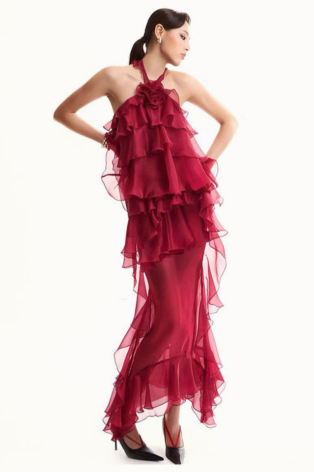 Bedelia Floral Halter Chiffon Ruffle Midi Dress | Dress In Beauty