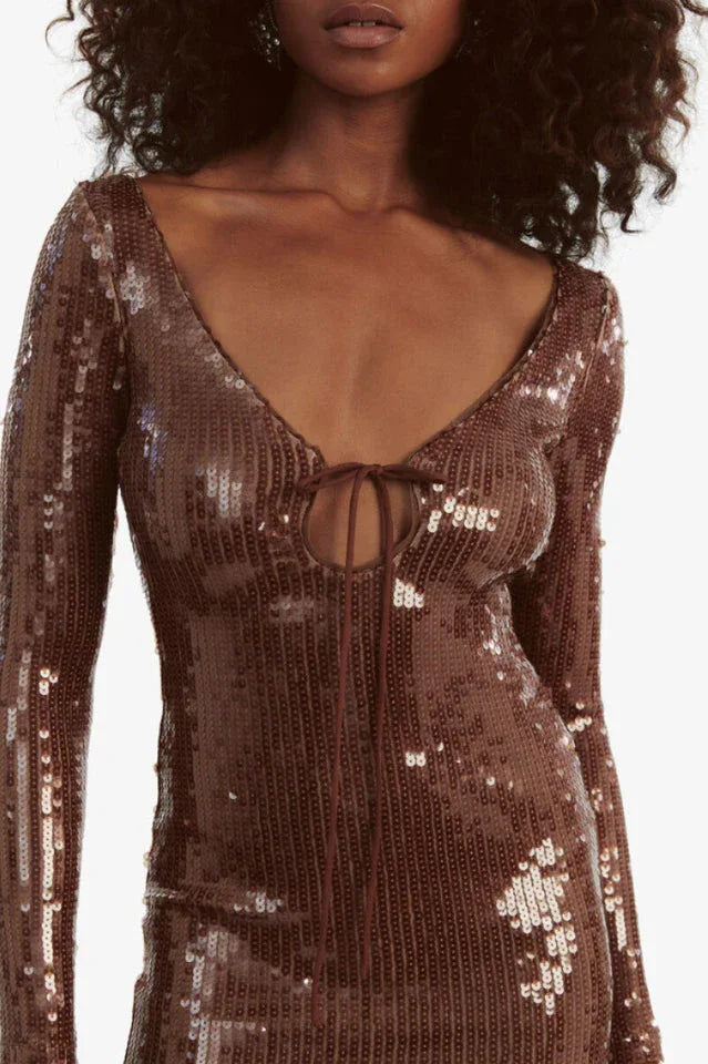 Close-up of the tie-front neckline and sequin detail on a brown dress.