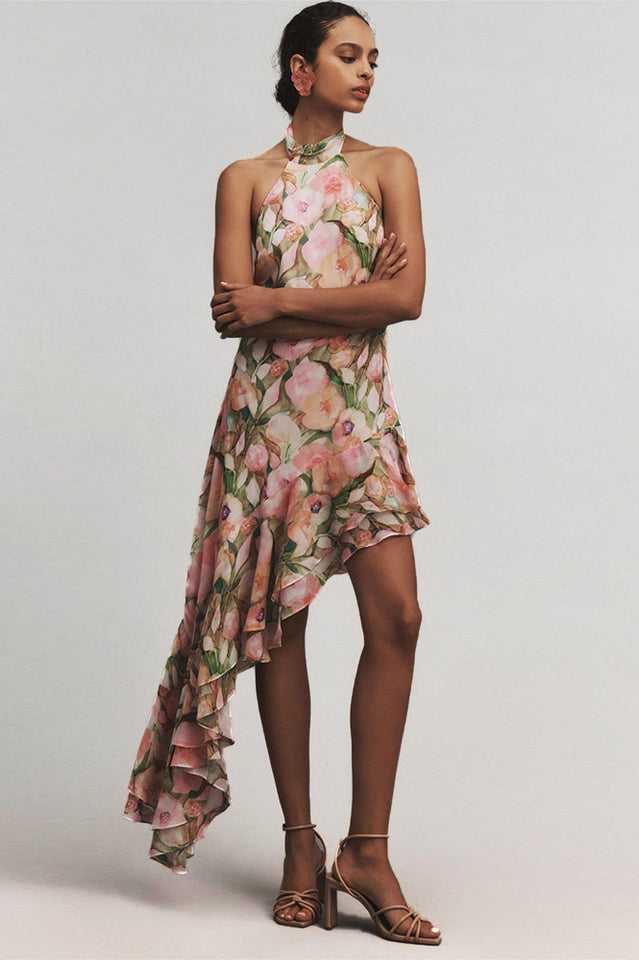 Sabina Asymmetric Floral Halter Midi Dress | Dress In Beauty