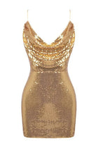 Gold sequin mini dress with drape neckline and spaghetti straps - View 6 | WEUXS
