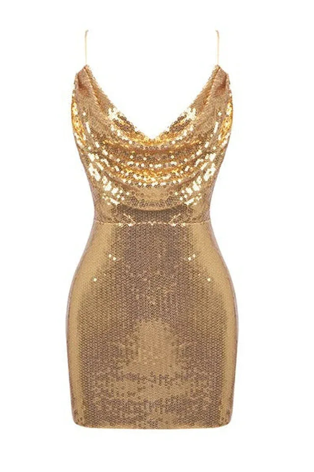 Gold sequin mini dress with drape neckline and spaghetti straps - View 6 | WEUXS