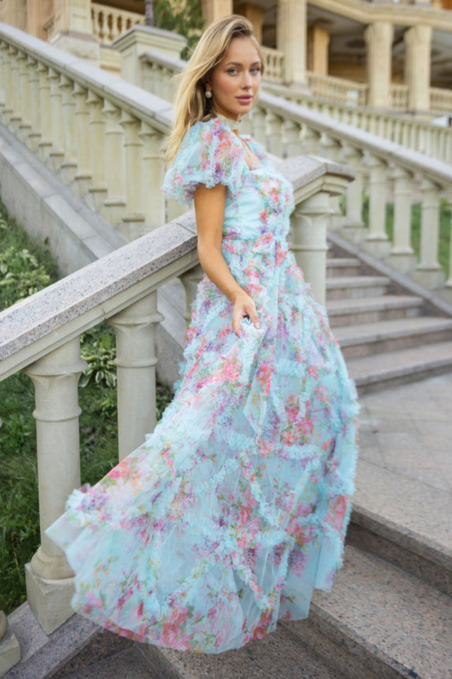 Floral Tulle Puff Sleeve Bow Tie Maxi Dress | Dress In Beauty