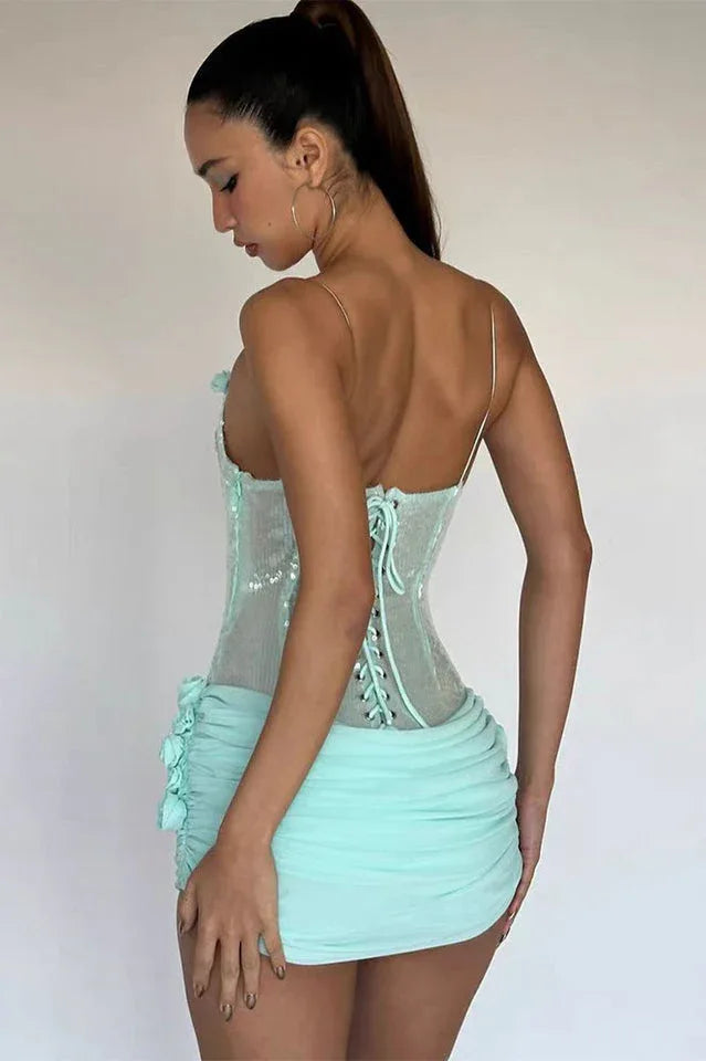 Sequin Floral Draped Corset Dress - WEUXS