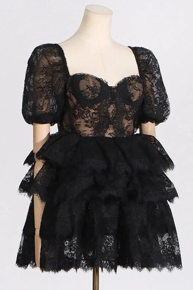 Puff sleeve mini dress with tiered skirt - View 6 | WEUXS