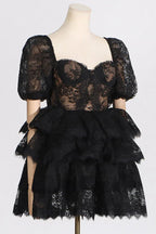 Puff sleeve mini dress with tiered skirt - View 6 | WEUXS