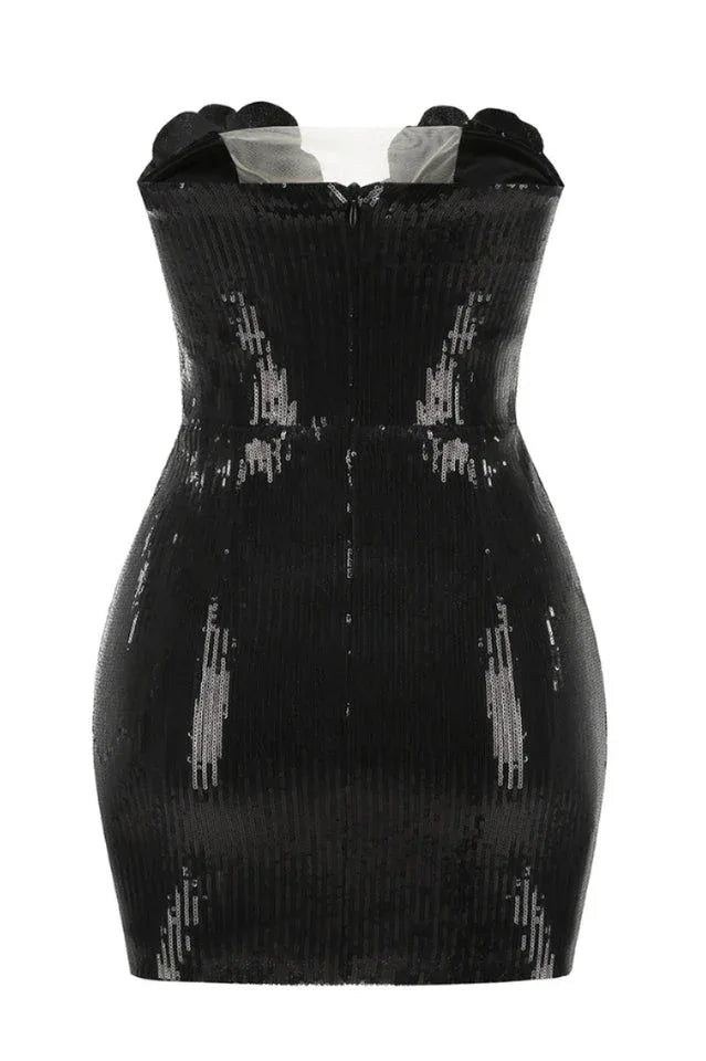Strapless Sequin Mini Dress with Floral Appliques - View 7 | WEUXS