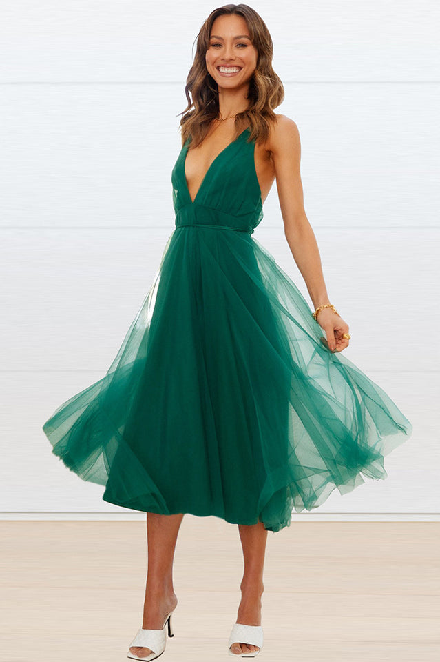 Plunging Neck Backless Mesh Midi Dress | Dress In Beauty