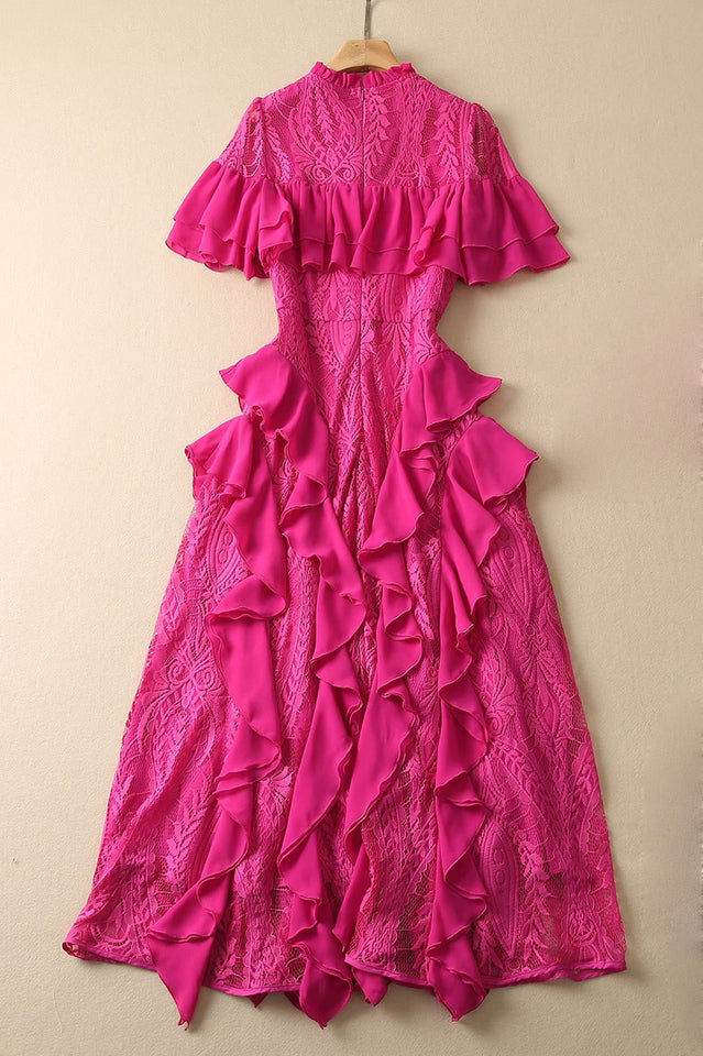 Oriana Pink Solid Lace Frill Midi Dress | Dress In Beauty