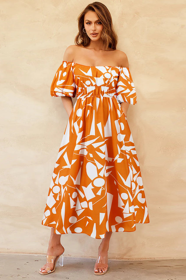 Printed Off Shoulder Balloon Sleeve Dress | Dress In Beauty