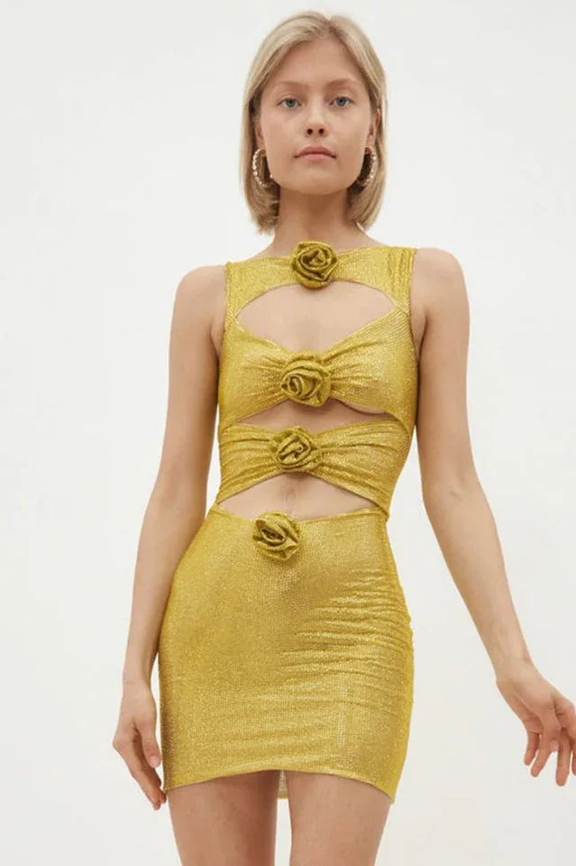 Gold metallic knit mini dress with rose embellishments and cut-out details on the bodice and waist Main image