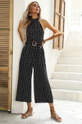 Polka Dots Print Funnel Neck Belted Jumpsuit | Dress In Beauty