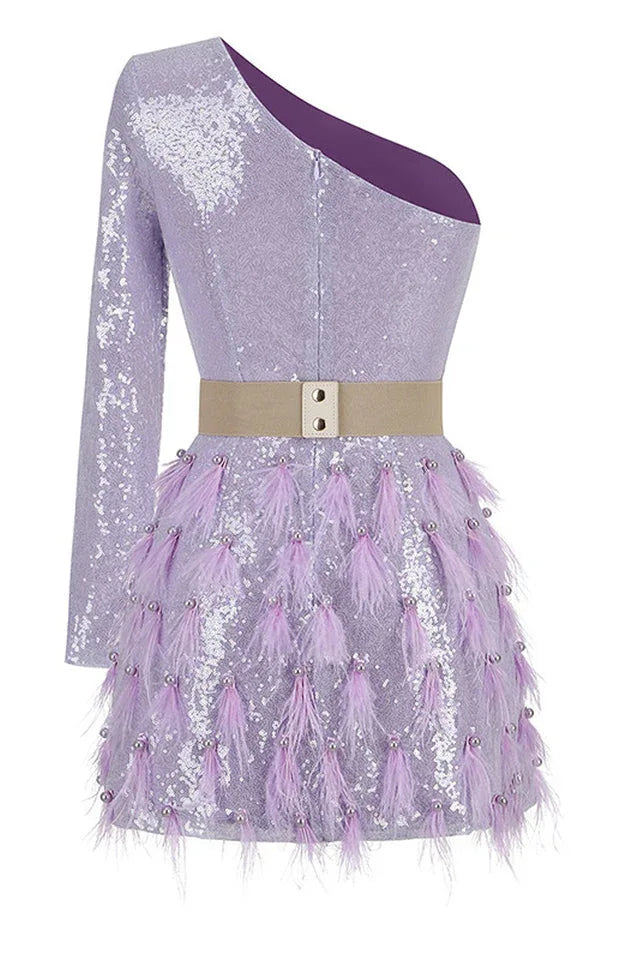 Daria One Shoulder Sequin Feather Dress - View 14 | WEUXS