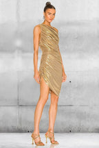 Side profile of a metallic gold ruched one-shoulder mini dress
