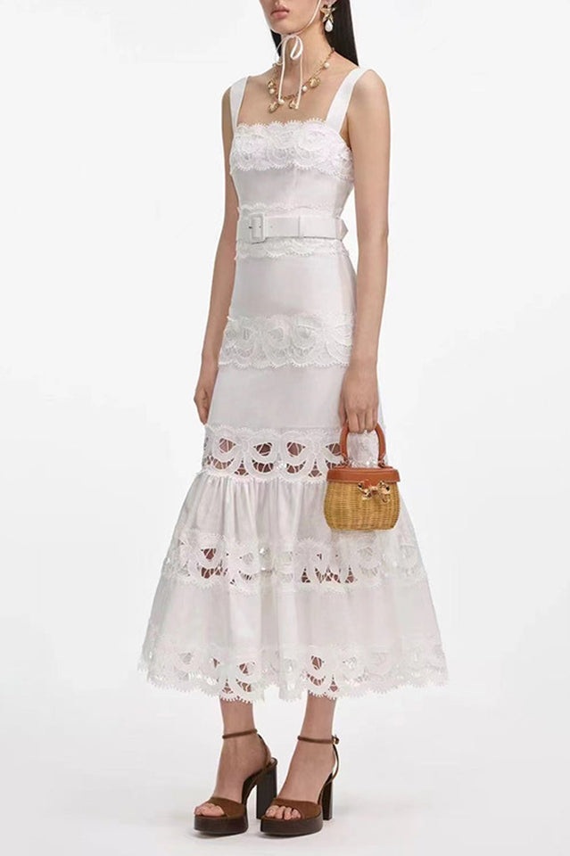 White Linen Lace Insert Midi Dress | Dress In Beauty
