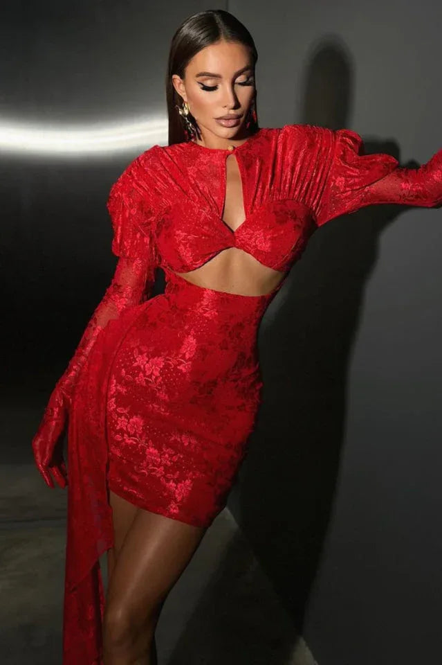 Red jacquard mini dress with cut-out and puff sleeves