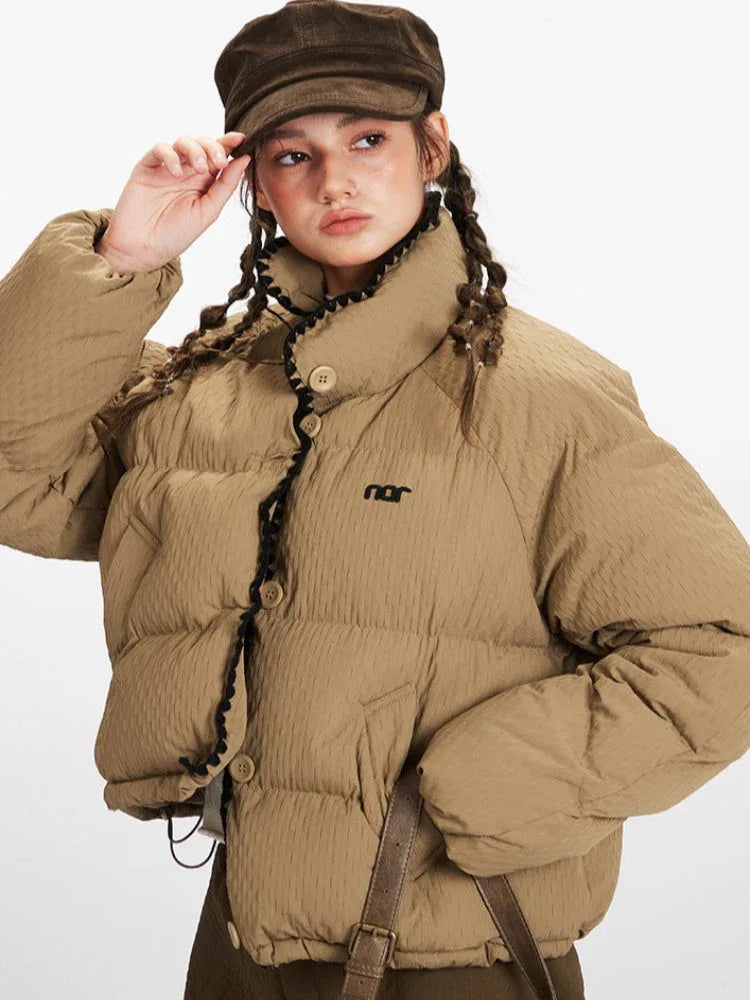 Textured Stand Collar Cropped Puffer Jacket - WEUXS