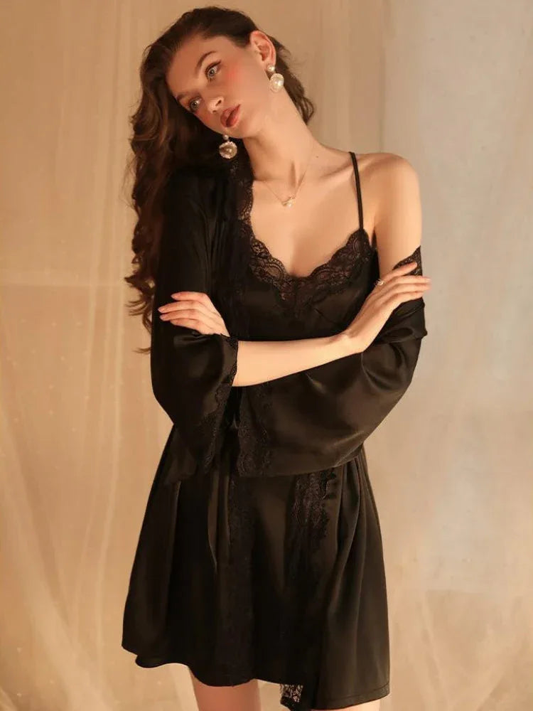 Pearl White Satin Lace Robe & Nightgown Set - View 16 | WEUXS