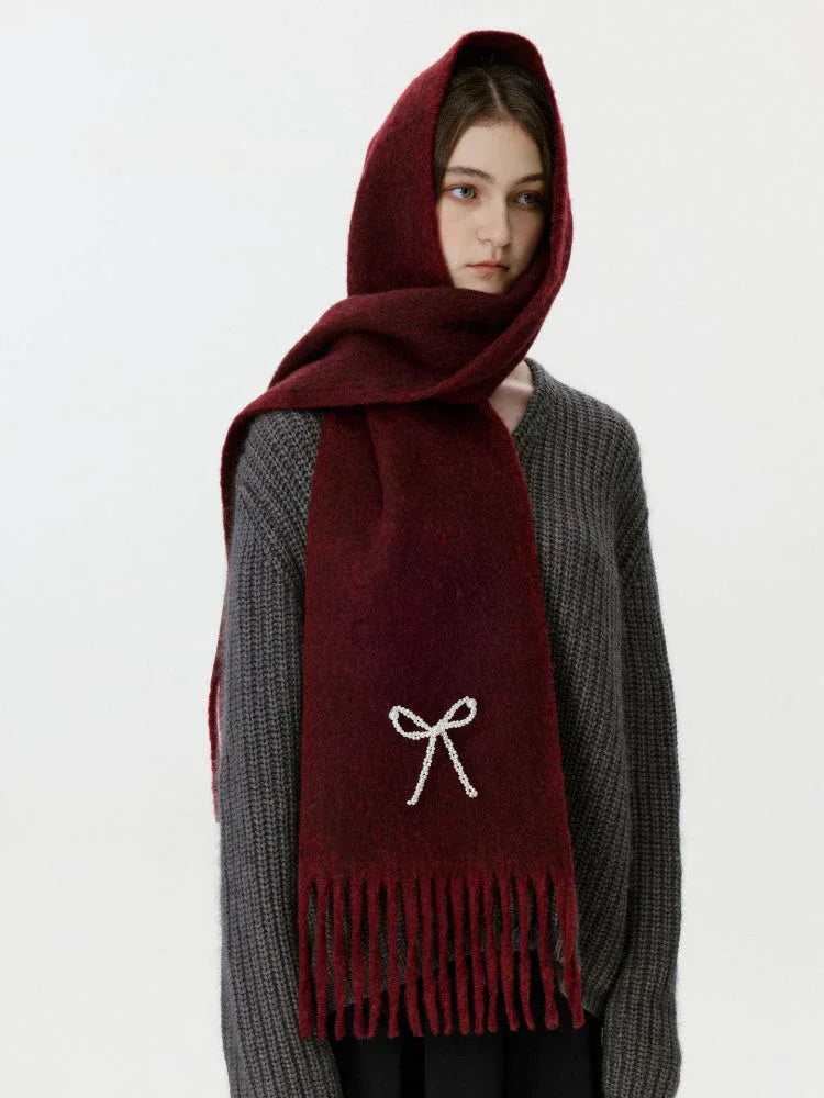 Wool blend scarf with pearl bow detail - View 14 | WEUXS