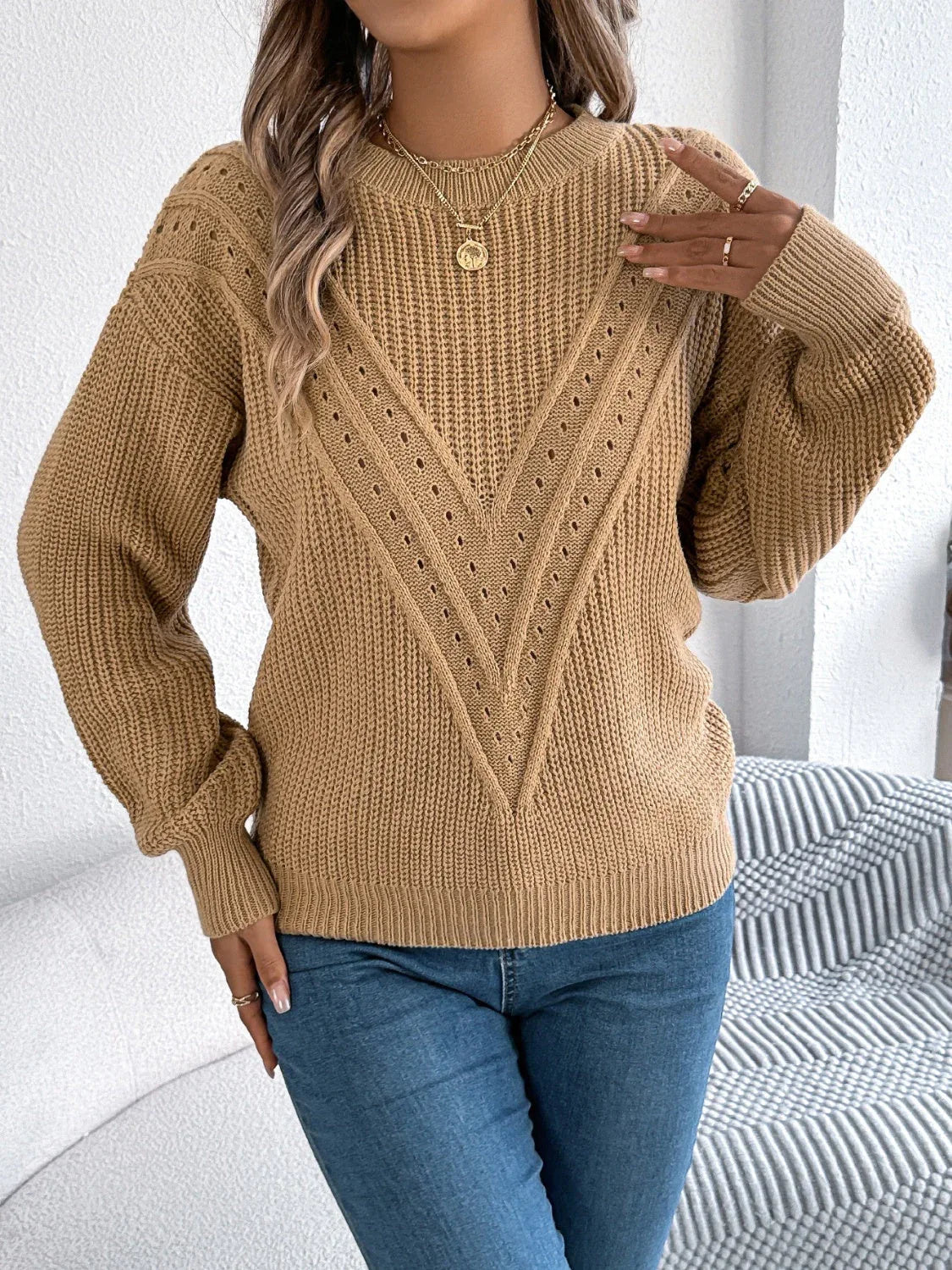 Pointelle knit crew neck sweater - View 13 | WEUXS