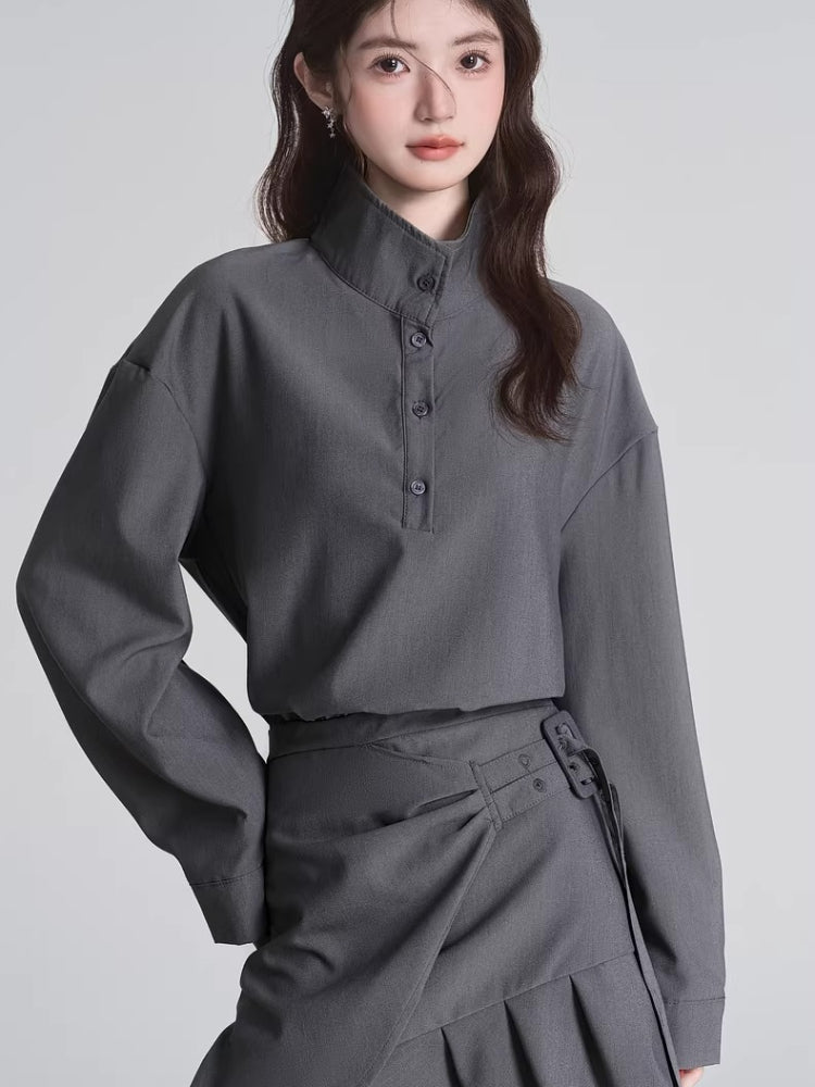 Gray Mock Neck Ruched Shirt Dress - View 6 | WEUXS