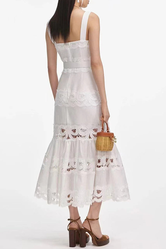 White Linen Lace Insert Midi Dress | Dress In Beauty
