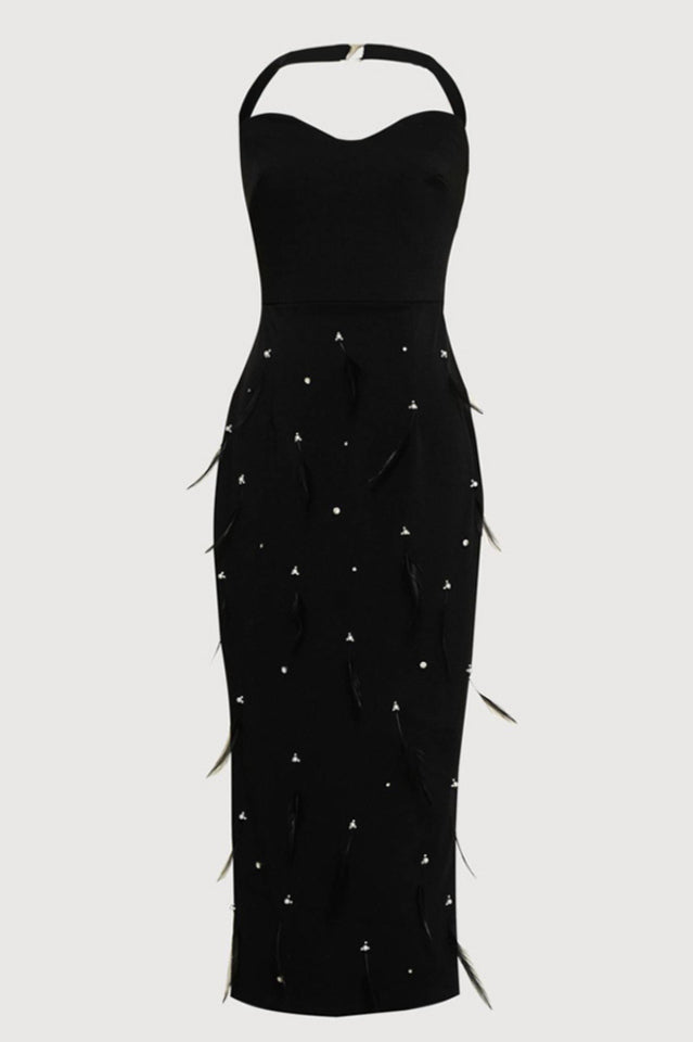 Feather Rhinestones Bodycon Midi Dress | Dress In Beauty