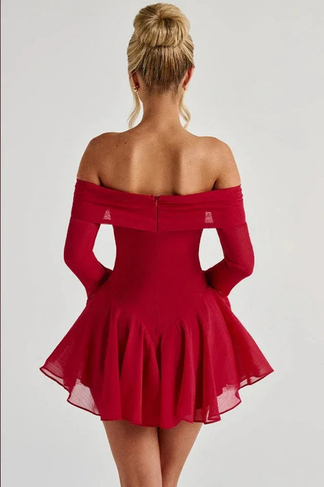 Rear view of a red off-the-shoulder dress with flared sleeves